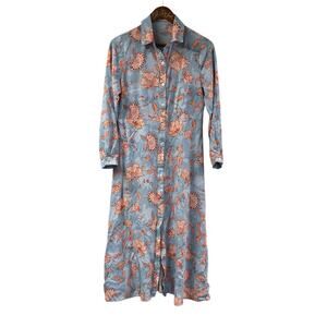 Escandelle Paris Shirt Dress Blue Print Floral Medium Collared Button Thru